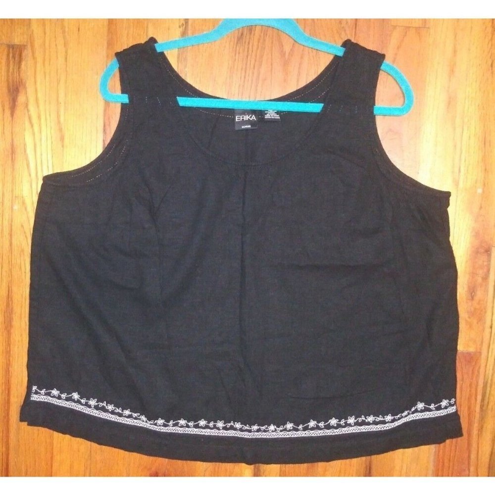 Women’s Linen Blend top sleeveless 1X Boxy Erika embroidered black tank top EUC